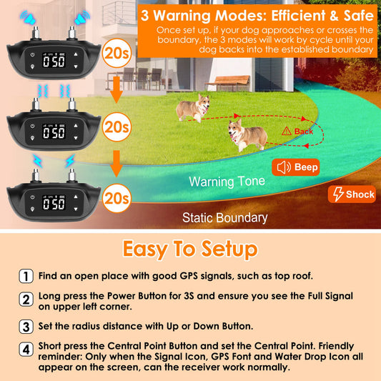 GPS Dog Fence & Tracker Collar, 2-in-1 Wireless System, 3000ft Range, IPX6 Waterproof